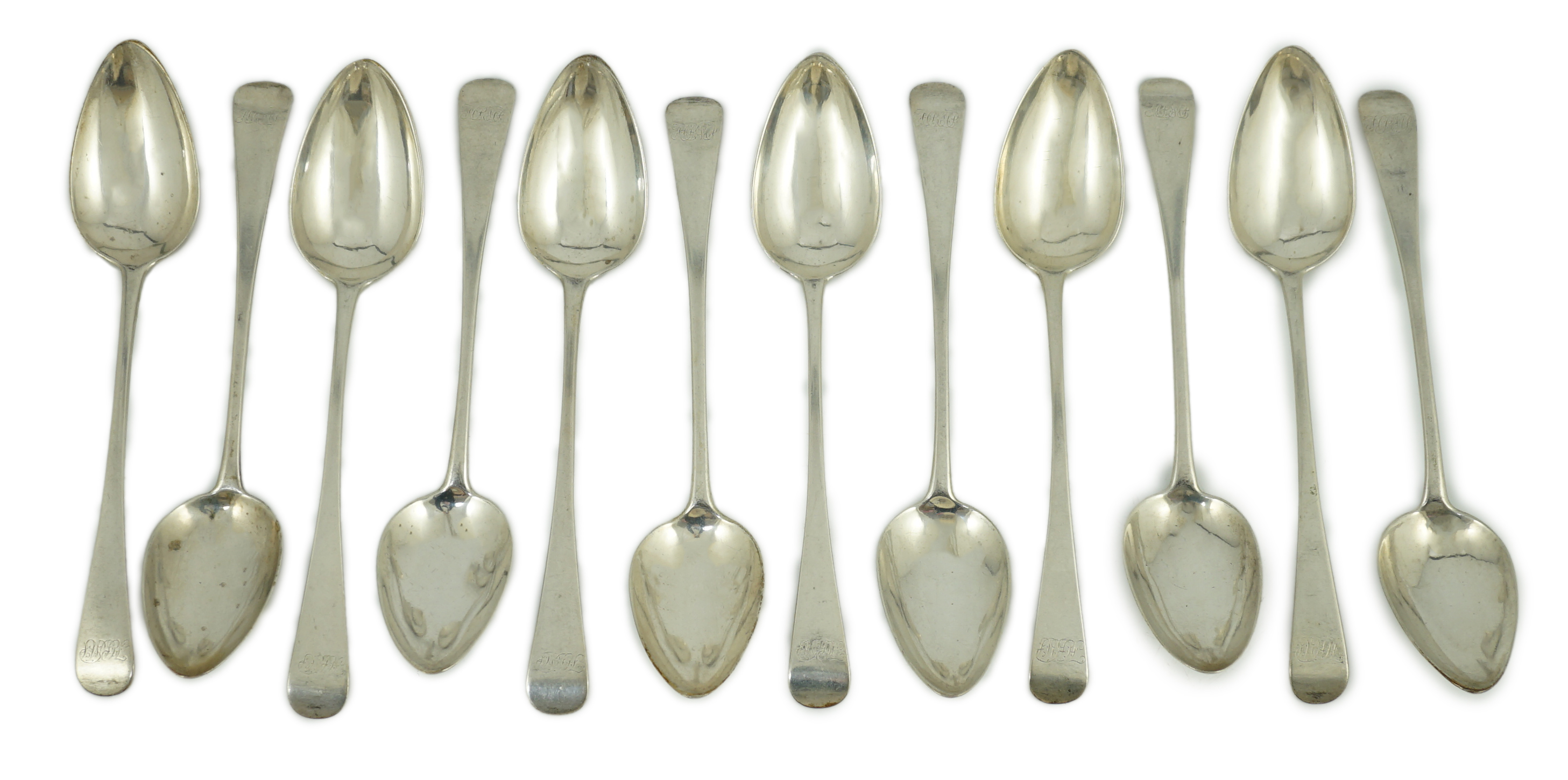 A rare set of twelve George III provincial Scottish silver Old English pattern table spoons, by David Isat, Banff